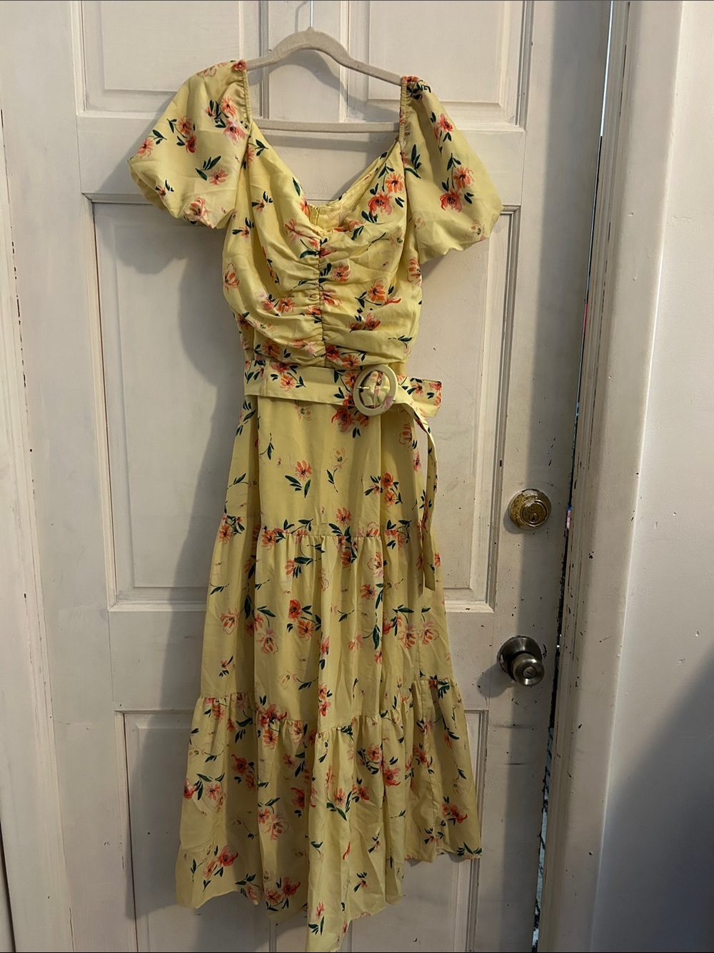 NWOT Paloma Blue Yellow Floral Midi Dress with Belt- size XS